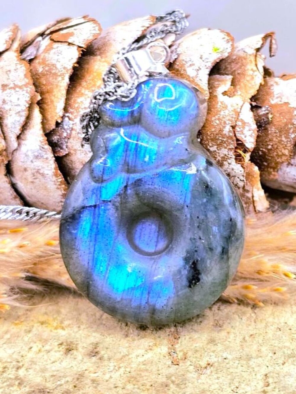 Natural Labradorite Rabbit on Donut Pendant • Carved Crystal • Strong Flash